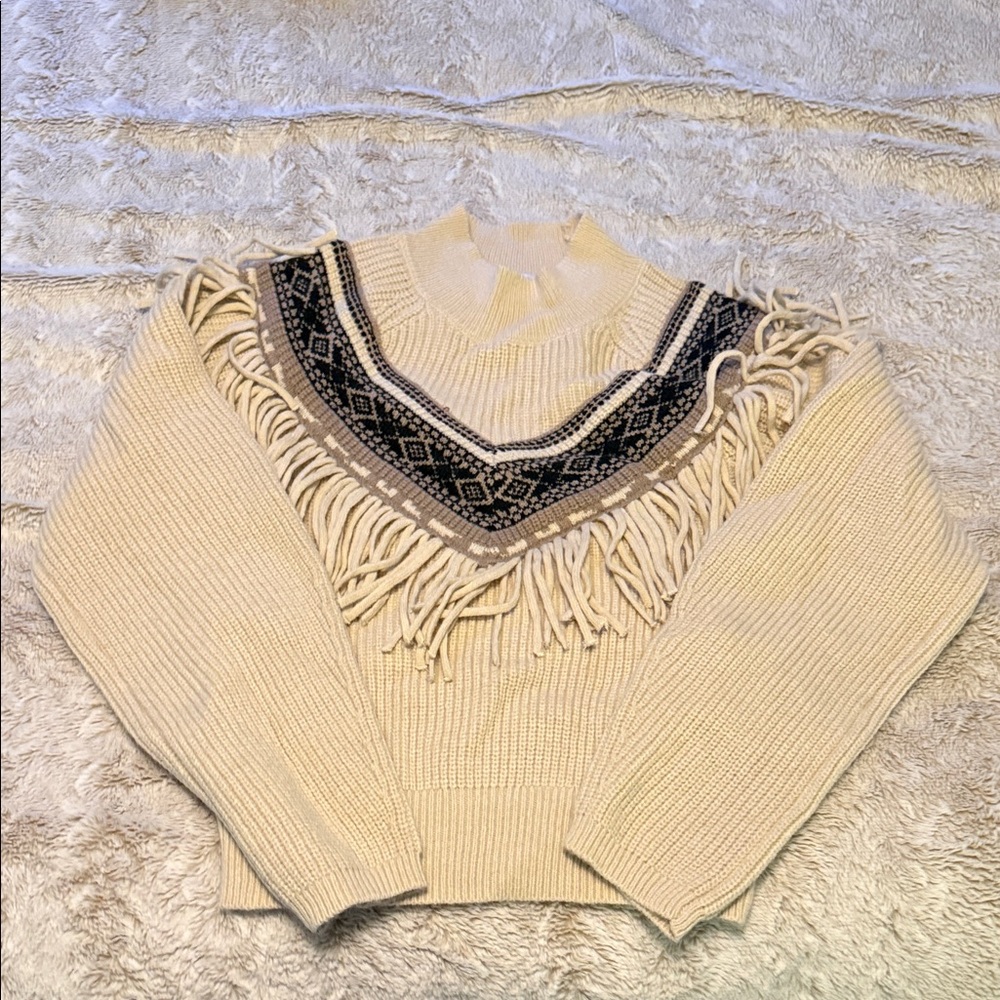 Buckle Cream and Black Patterned Fringe Sweater - Never Worn